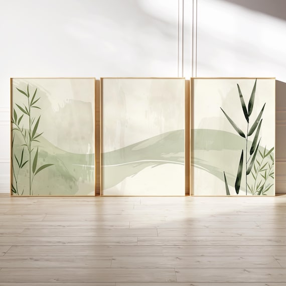 Bamboo Wall Art Set of 3, Minimalist Zen Botanical Prints, Green Japandi Decor, Asian Style Printable Wall Art, Neutral Calm Decor