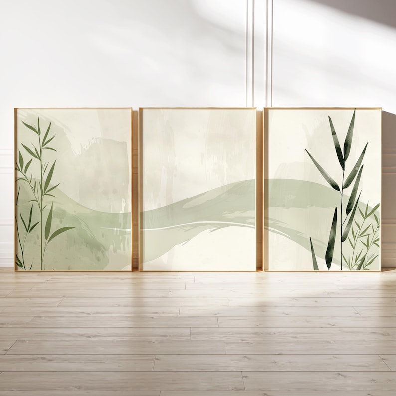 Minimalist bamboo wall art set of 3 prints in soft green tones, Japandi style botanical decor, neutral zen printable artwork