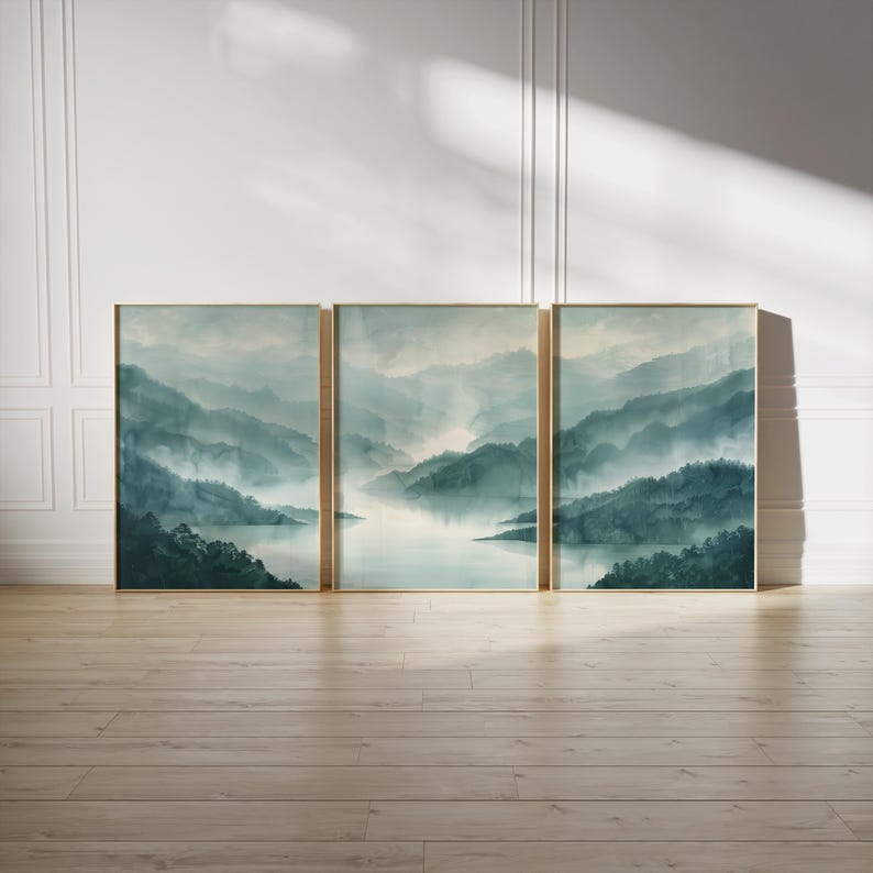 Blue Green Mountain Lake Wall Art Set of 3, Misty Forest Print, Bedroom ...