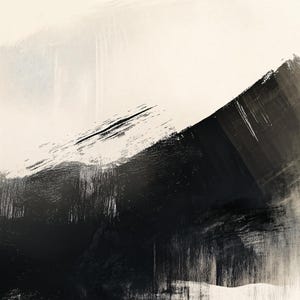 Close-up of a minimalist set of three Japandi-style neutral wall art pieces featuring abstract black and orange brush strokes on a beige background.