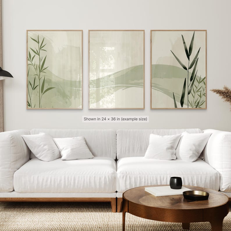 Bamboo wall art set of 3 above sofa, minimalist green botanical prints, Japandi living room decor, printable wall art