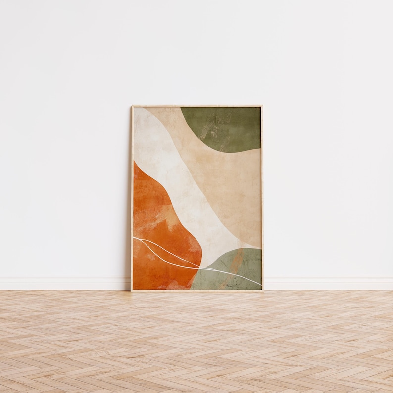 A refined piece of abstract Japandi wall art, showcasing calming organic shapes in shades of serene green, warm orange, and soft beige. This ready-to-print art piece comes in all common sizes, perfect for adding a touch of brightness to walls.