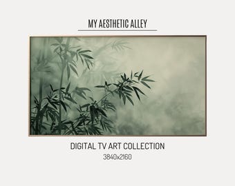 Peut inclure: Une impression d'art numérique représentant une forêt de bambous verte et brumeuse. L'image est intitulée "My Aesthetic Alley" et fait partie d'une "Digital TV Art Collection" avec une résolution de 3840x2160.