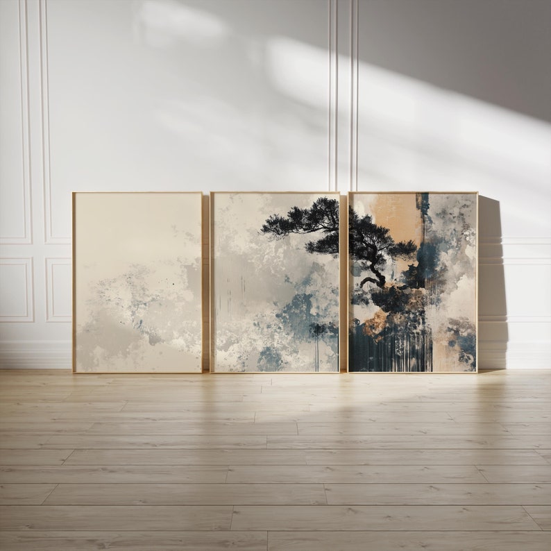 Minimalist Beige Wabi Sabi Wall Art Set of 3, Abstract Japanese Tree ...