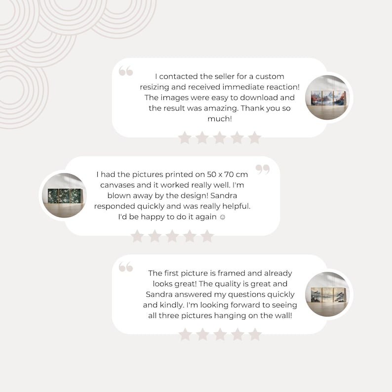 The picture shows a couple of customer reviews, giving a 5 star rate for the service and products.