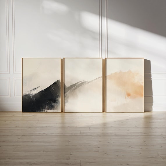 Abstract Neutral Wall Art Set of 3 – Soft Brush Stroke Prints in Beige & Black, Japandi Style Minimal Decor