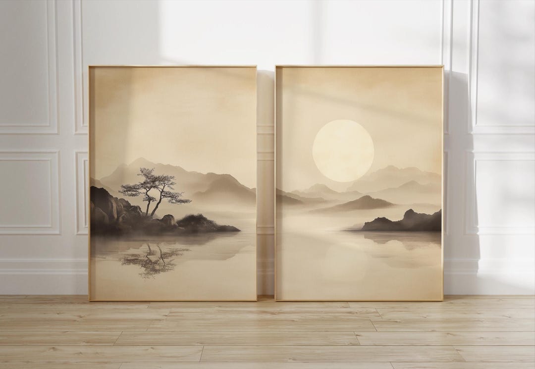 Printable Japandi Wall Art Set of 2, Beige Japanese Landscape Poster ...