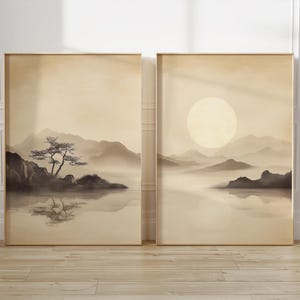 Printable Japandi Wall Art Set of 2, Beige Japanese Landscape Poster, Neutral Lake & Tree Diptych, Nature Lover Decor, Instant Download