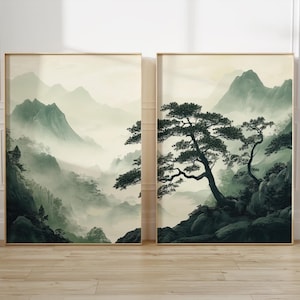 Juego de 2 piezas de arte de pared japonés verde oscuro, arte minimalista imprimible de montaña brumosa, póster de paisaje japonés, decoración zen moderna, descarga instantánea