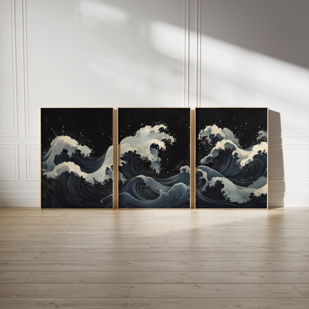 Blue Waves Japandi Wall Art Set of 3, Dark Japanese Abstract Printable ...