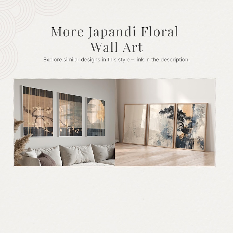 Japandi wall art collection preview, botanical and abstract printable art sets for modern interiors