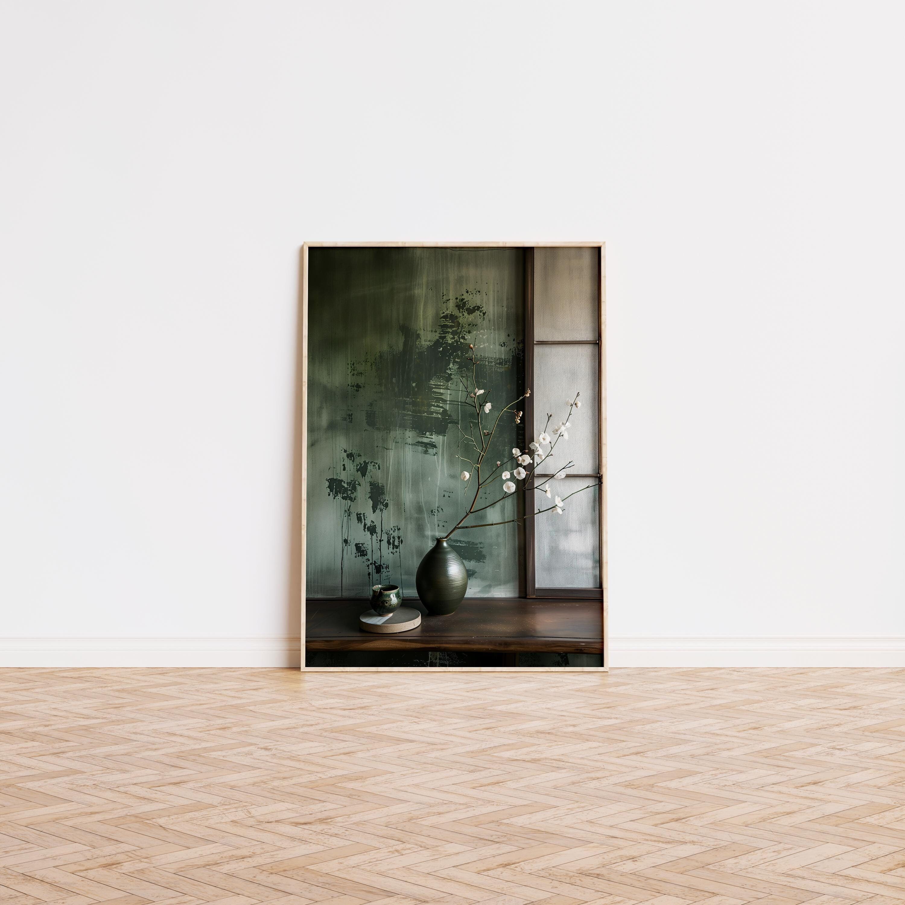 Dark Green Floral Wabi Sabi Wall Art, Japandi Style Cherry Blossom Vase Printable, Traditional Japanese Home Poster Art, Instant Download