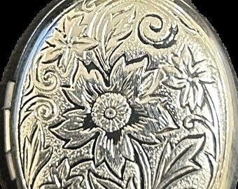 Vintage Sterling zilveren ovale bloemen reliëf & gegraveerd medaillon