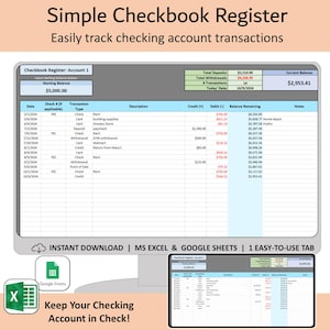 Checkbook Register Spreadsheet for Excel and Google Sheets, Checkbook template, spending tracker, instant download, budget expense log