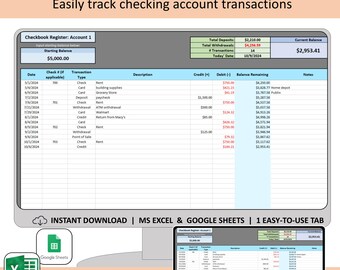 Checkbook Register Spreadsheet for Excel and Google Sheets, Checkbook template, spending tracker, instant download, budget expense log