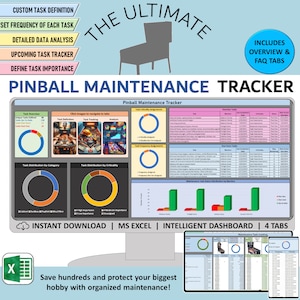 Pinball Maintenance tracker spreadsheet, arcade game upkeep checklist, maintenance task list for pinball machine, stern, Williams, Bally