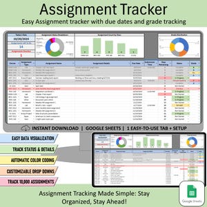 Aufgabe Tracker Tabelle, Google Sheets Studenten Planer Vorlage, Hausaufgaben Tracker für die Schule, College Schüler, Monitor Noten, Fälligkeitsdaten
