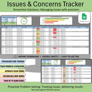Problemen en zorgen bijhouden Google Spreadsheets-spreadsheet, beheersjabloon voor het bijhouden van problemen, logboek voor projectrisico's en problemen, oplossing en afhandeling