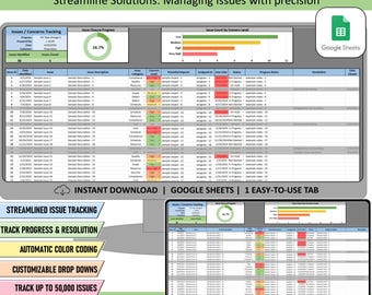 Issues & Concerns Tracker Google Sheets spreadsheet, Issue tracking management template, Project risk and issue log, resolution and handling