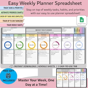 May include: A colorful weekly planner spreadsheet template for Google Sheets. The template includes sections for tracking tasks, priorities, and habits. The image shows a sample week with progress bars and a free gift included.