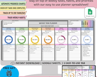 Weekly Planner Spreadsheet, Google Sheets daily task tracking template, Digital To-do list, habit tracker, Schedule routine, work agenda