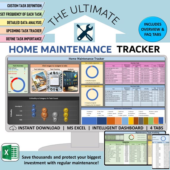 Home Maintenance Tracker Spreadsheet, Excel Home maintenance planner, House improvement checklist, Seasonal house care and cleaning schedule