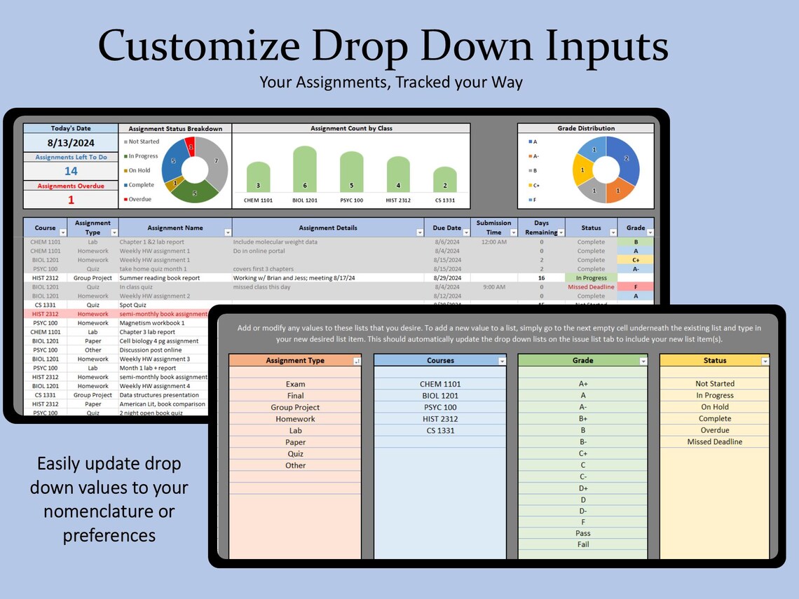 Assignment Tracker Spreadsheet, Excel Student Planner Template, School ...