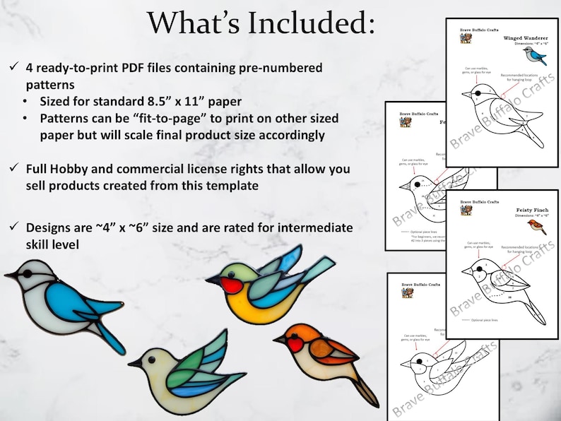 Simple Songbirds Stained Glass pattern templates, DIY birds bundle. PDF digital download, commercial license included, beginner intermediate image 2