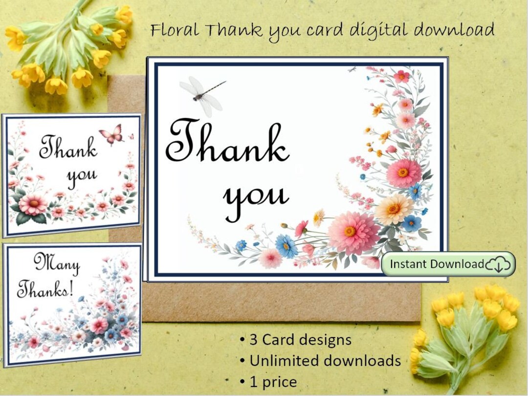 Printable Floral Thank You Notes, Folded Stationary, Instant Download ...