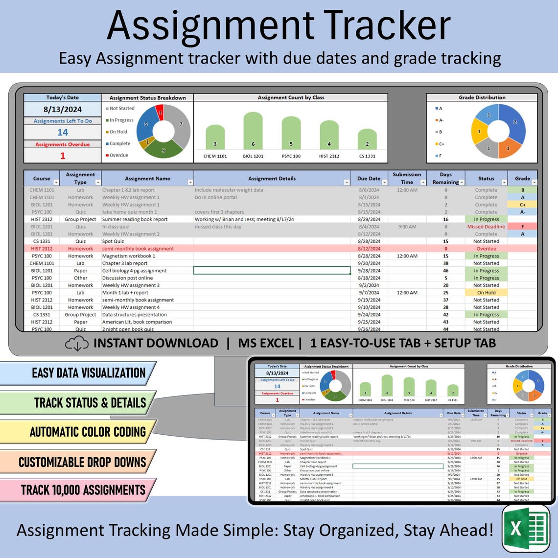 Assignment Tracker Spreadsheet, Excel Student Planner Template, School ...