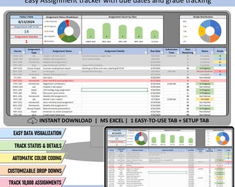Assignment Tracker Spreadsheet, Excel student planner template, school homework tracker, college student, Monitor grades, due dates, status