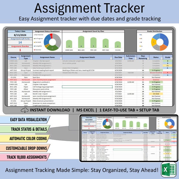 Excel Homework Assignment Tracker - Etsy