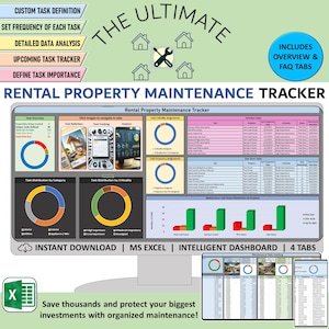 May include: A computer screen displaying a spreadsheet with a colourful pie chart and bar graph. The spreadsheet is titled "Rental Property Maintenance Tracker". The text "The Ultimate" is displayed in a large font above the spreadsheet. The text "Instant Download | MS Excel | Intelligent Dashboard | 4 Tabs" is displayed below the spreadsheet. The text "Save thousands and protect your biggest investments with organised maintenance!" is displayed below the computer screen.