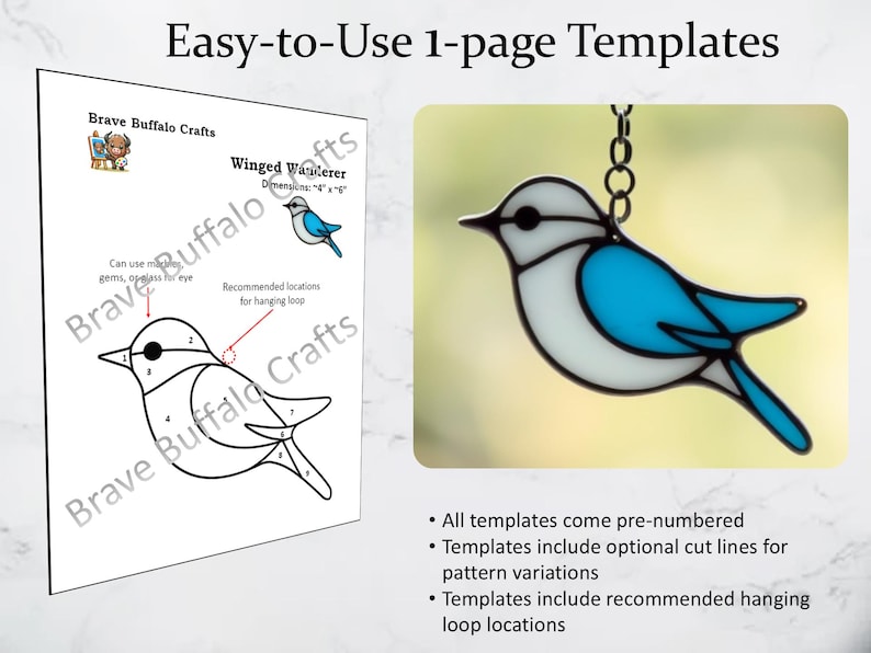 Simple Songbirds Stained Glass pattern templates, DIY birds bundle. PDF digital download, commercial license included, beginner intermediate image 3