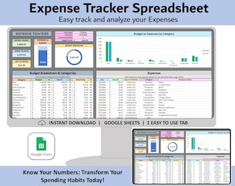 May include: A computer screen displaying a Google Sheets spreadsheet with the title "Expense Tracker Spreadsheet". The spreadsheet is designed to help users track and analyze their expenses. The spreadsheet includes a budget breakdown, a list of expenses, and a chart showing budget vs. expenses by category. The spreadsheet is available for instant download and is easy to use.