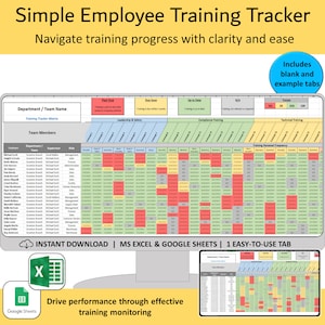 May include: A colorful spreadsheet template for tracking employee training progress. The template includes tabs for leadership and safety, compliance, and technical training. The spreadsheet is labeled "Simple Employee Training Tracker" and "Navigate training progress with clarity and ease".