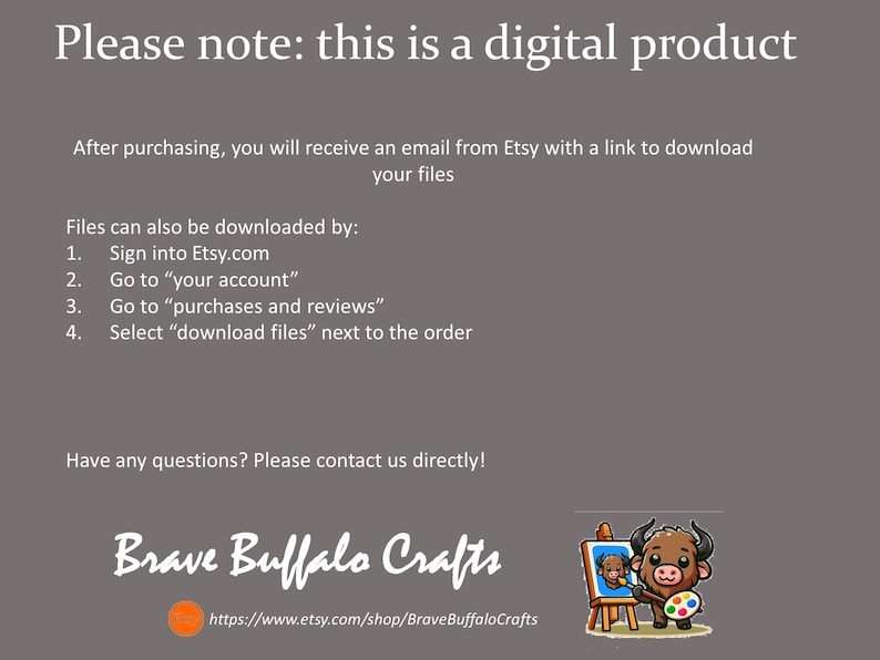 Pode incluir: Um an&uacute;ncio de um produto digital com um b&uacute;falo de desenho animado pintando em uma tela. O texto diz "Observe: este &eacute; um produto digital" e explica como baixar os arquivos digitais ap&oacute;s a compra.