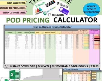 Print on Demand pricing calculator, profit spreadsheet for POD platforms such as printful, printify or gelato. Excel and Google Sheets tool