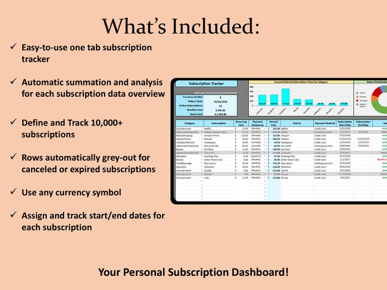 Subscription Service Tracker Spreadsheet, Manage Subscription or ...