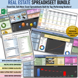May include: A colorful digital marketing kit for real estate agents. The kit includes spreadsheets for house hunting, buyer cash to close estimates, rent vs buy calculations, and house flipping profit calculations. The kit is available as a bundle and includes five premium tools for a low price.