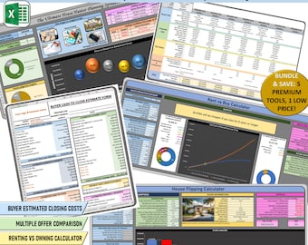 May include: A colorful digital marketing kit for real estate agents. The kit includes spreadsheets for house hunting, buyer cash to close estimates, rent vs buy calculations, and house flipping profit calculations. The kit is available as a bundle and includes five premium tools for a low price.
