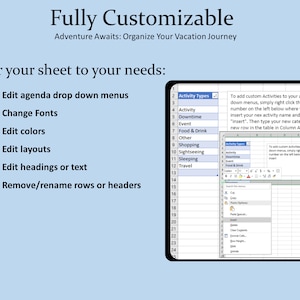 May include: A digital spreadsheet template for vacation planning featuring the text Fully Customizable and Adventure Awaits: Organize Your Vacation Journey. A list of editable features is shown alongside a tablet screen displaying a spreadsheet.