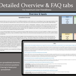 Pu&ograve; includere: Uno screenshot di un programma di foglio di calcolo con una panoramica dettagliata e schede di domande frequenti (FAQ). Il foglio di calcolo &egrave; progettato per la gestione dei rischi e include sezioni per impatto, probabilit&agrave;, gravit&agrave; e piano di gestione. La scheda FAQ fornisce risposte alle domande frequenti sul foglio di calcolo.