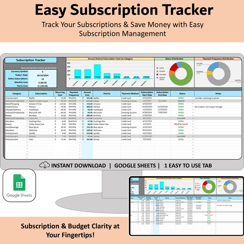 Subscription Service Tracker Spreadsheet, Manage Subscription or ...