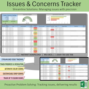 Spreadsheet voor het bijhouden van problemen en problemen, Excel-beheersjabloon voor het bijhouden van problemen, logboek voor projectrisico's en problemen, oplossing en afhandeling van problemen