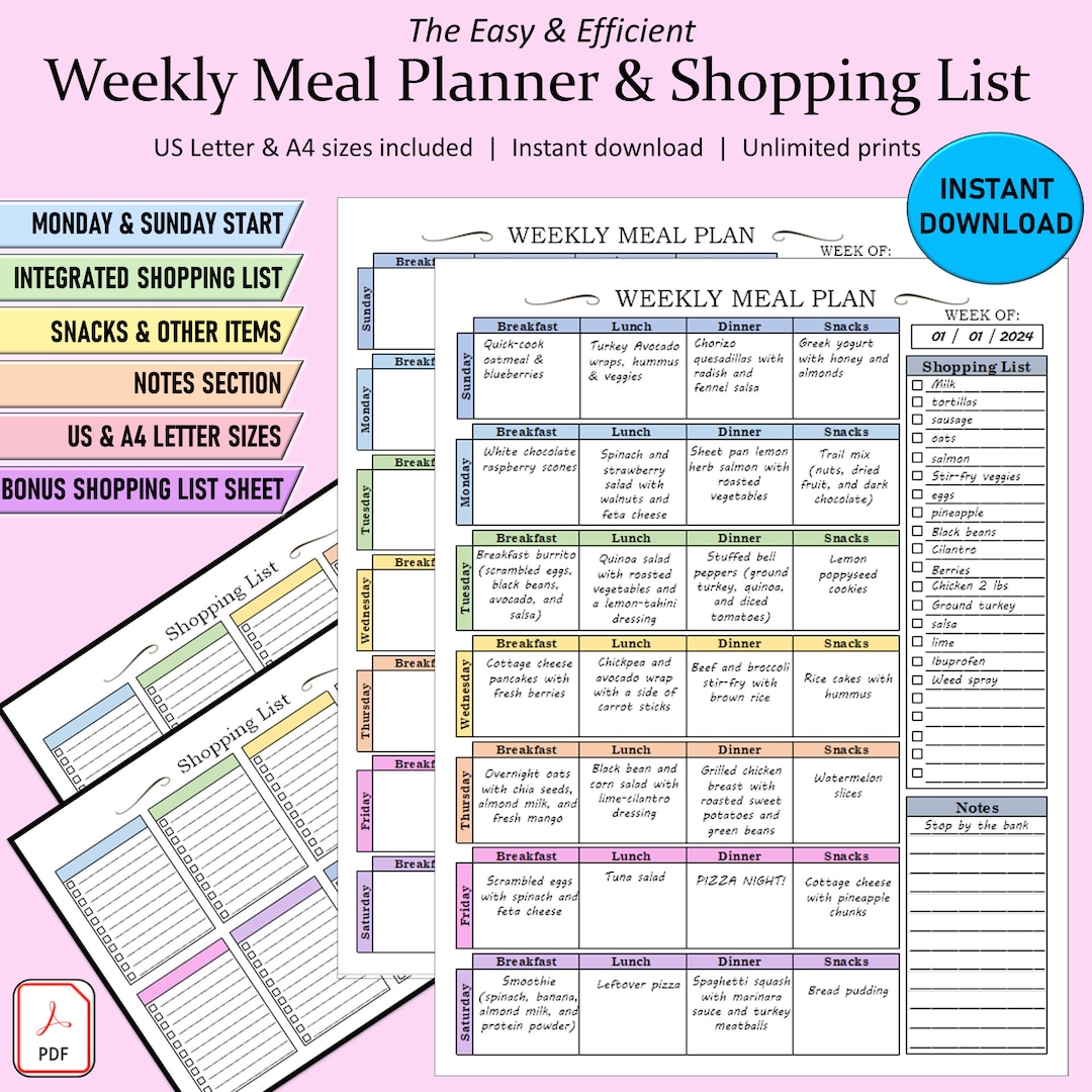 Meal Planner & Grocery List, Weekly Meal Prep, 7 Day Menu Plan, PDF ...