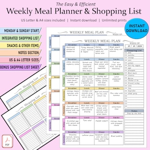 Meal Planner, Grocery List, wöchentliche Meal Prep, 7 Tage Menüplan, PDF Meal Prep und Diet Planner mit Einkaufsliste, Mo und So Start, US/A4