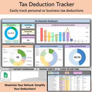 Puede incluir: Un infográfico colorido titulado "Tax Deduction Tracker" con un logotipo de Google Sheets y el texto "Maximice su reembolso: ¡Simplifique sus deducciones!" El infográfico incluye un panel de control con gráficos y diagramas que muestran el total de deducciones, el kilometraje total, los artículos y los importes de las deducciones por mes, el recuento de deducciones por categoría, los importes de las deducciones por categoría y el porcentaje de artículos con recibos guardados.