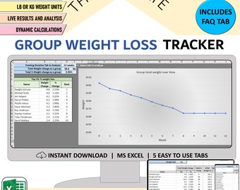 Group weight loss competition tracker, Company biggest loser challenge, excel weight loss tracking spreadsheet, instant download template
