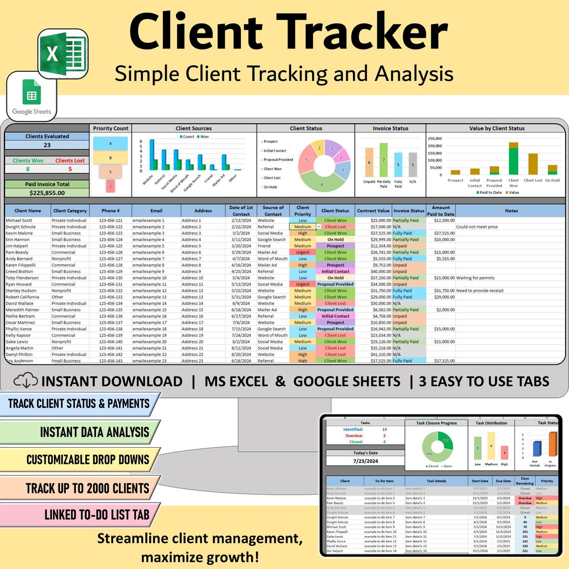 Client Tracker Spreadsheet for Small Businesses, Excel CRM Management ...